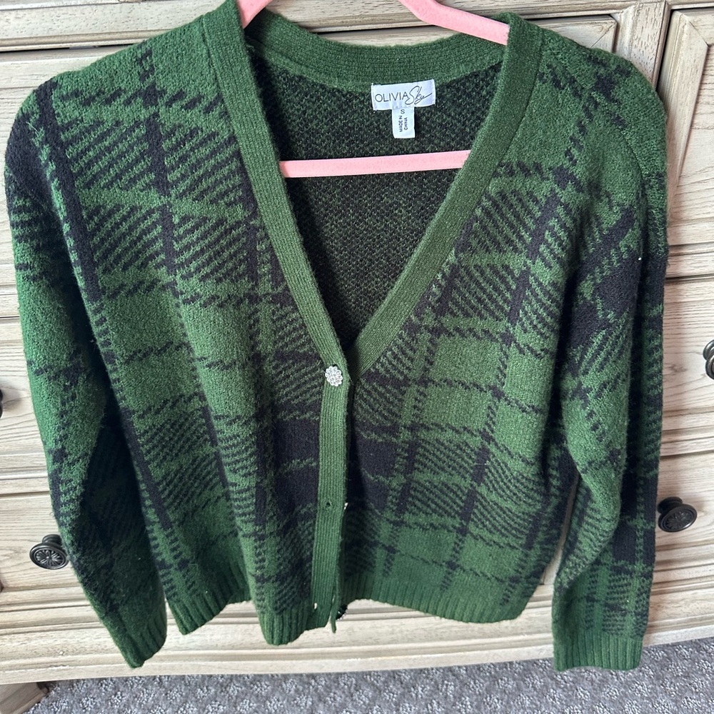 green & sparkly plaid cardigan